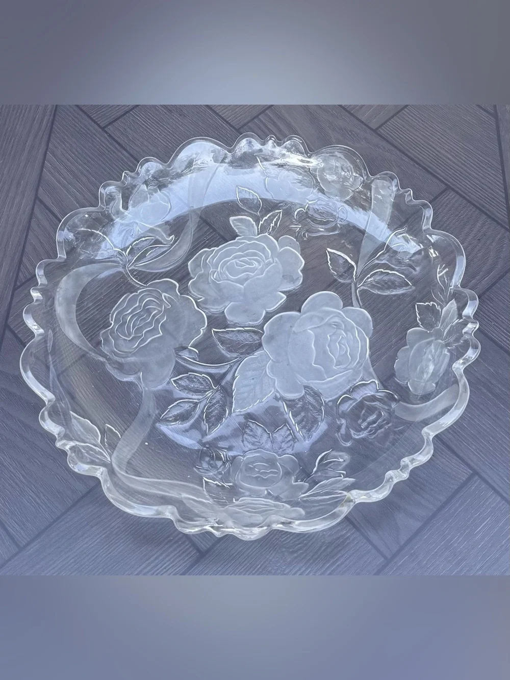 Vintage Frosted Pressed Glass Rose Platter Scalloped Edge Serving dish 14”x1.5”